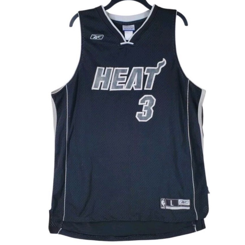 Vtg Reebok Jersey Wade 3 Miami Heat Men L Black Mesh V-Neck Sleeveless Stitched